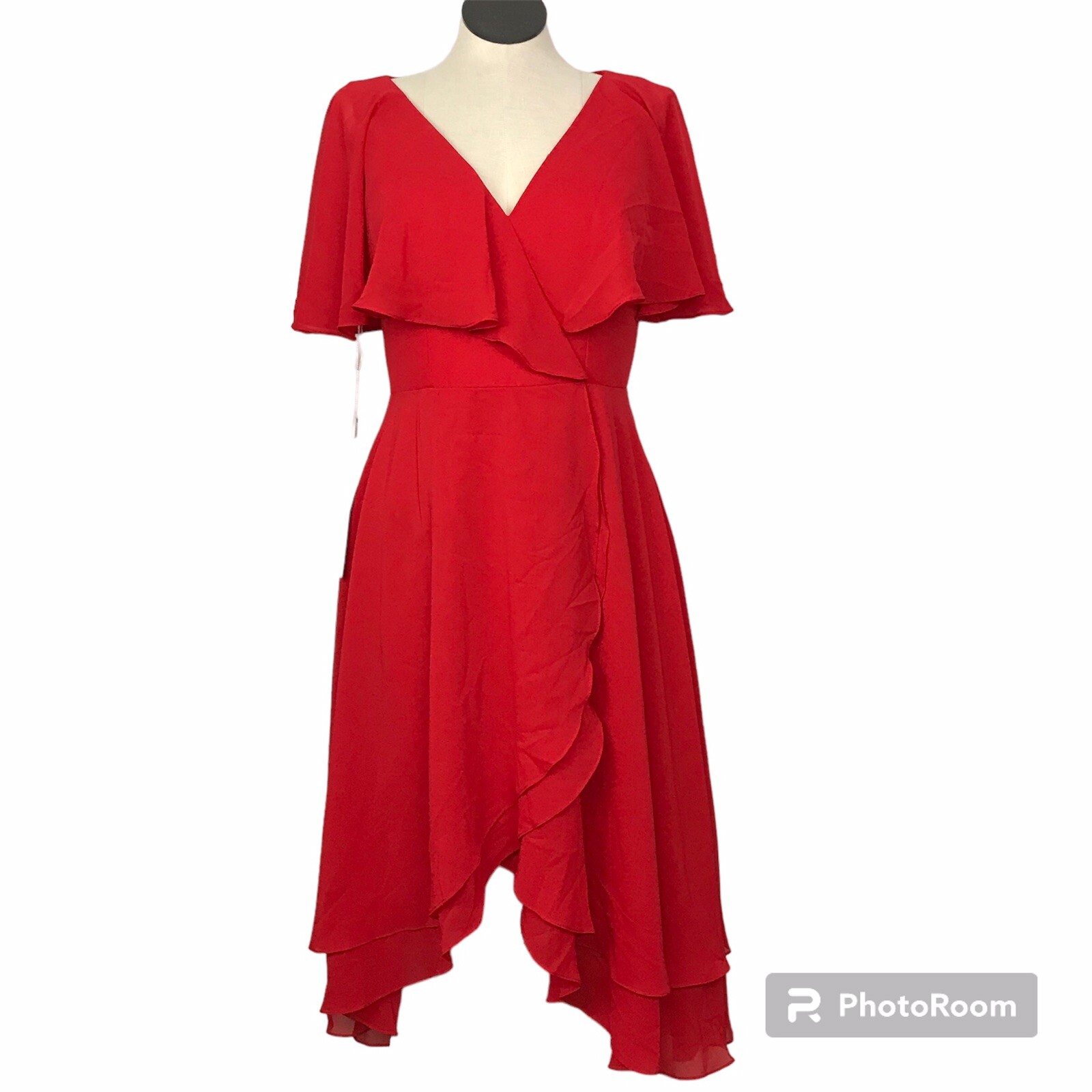 JJS House Sleeveless Asymmetrical Dress Women’s Size 14 Color Red V-Neck Hi-Low