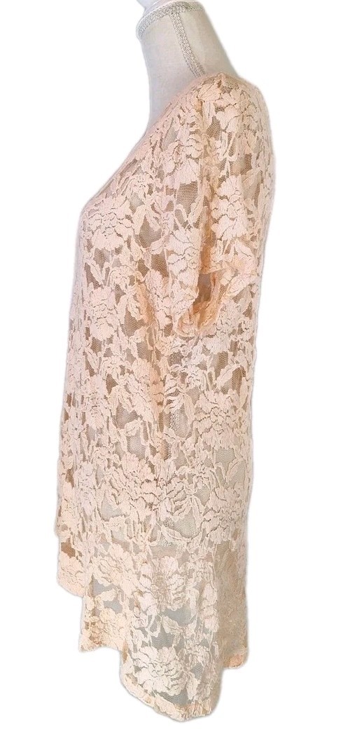 AMBIANCE APPAREL 2X Semi-Sheer Floral Lace Tunic Short Sleeve Blouse Top Peach