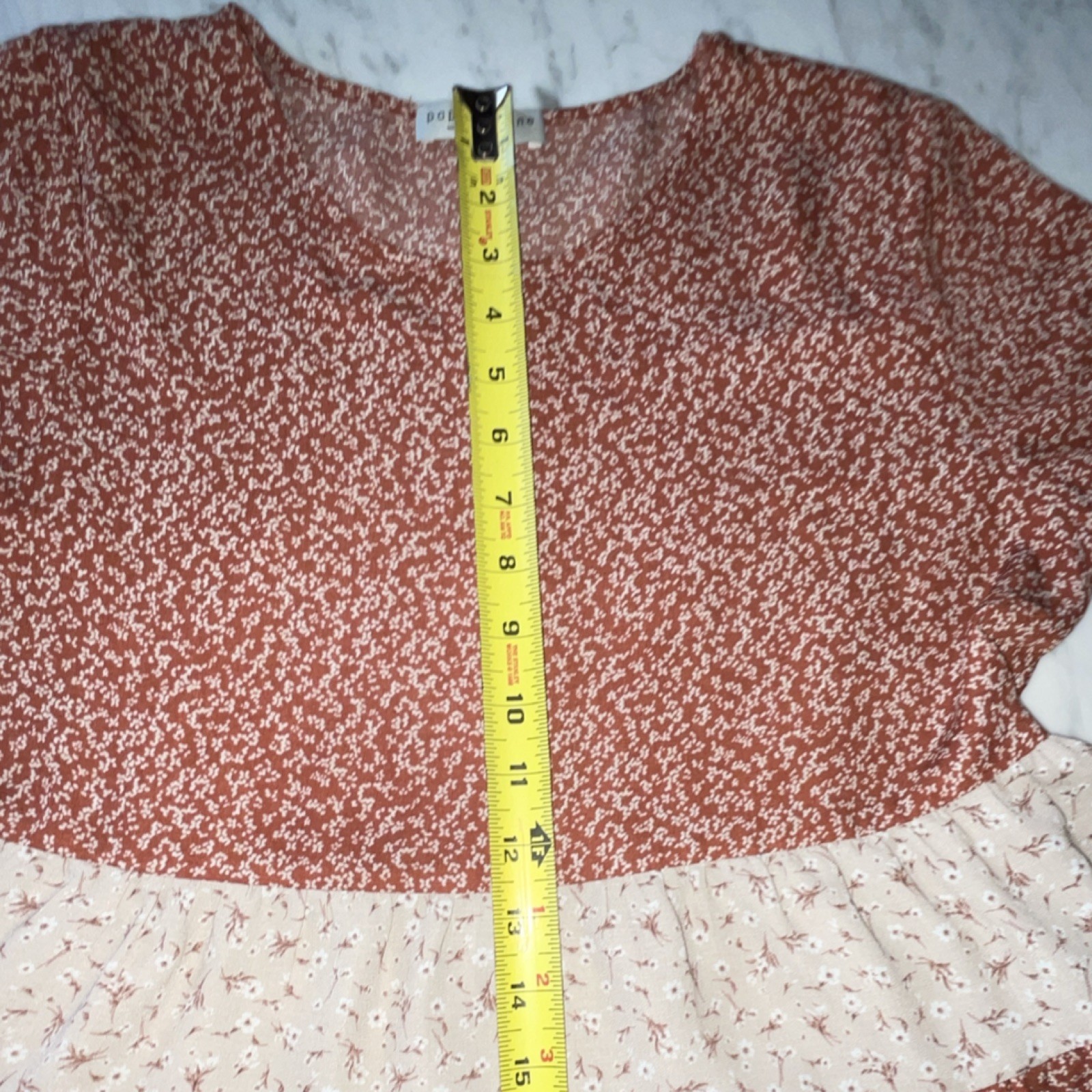 Paper Crane Women’s M Rust/Beige Floral Ruffle Peplum Blouse Short Sleeve