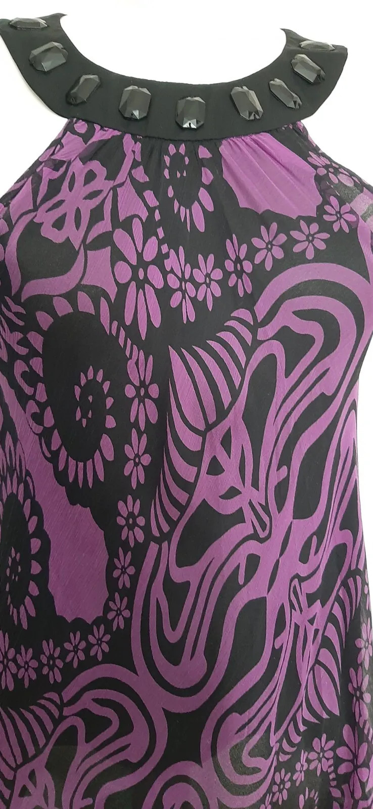 OASIS Pure Silk Sleeveless Top Tunic Pussy Bow Floral Black Purple 12 New NWT