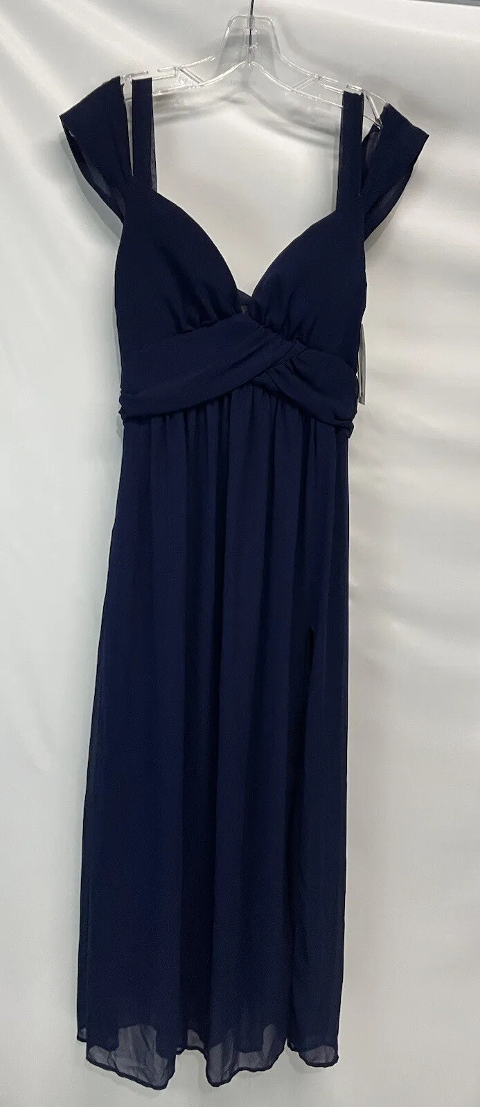 Haoduoyi Navy Blue Chiffon Maxi Dress Gown Deep Slit NEW M