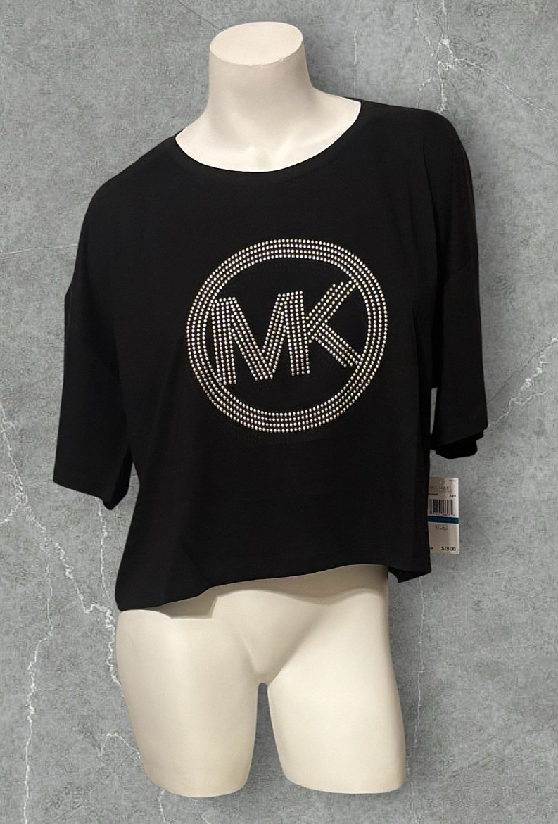 NWT MICHAEL KORS BLACK CROPPED GOLD SILVER STUDDED LOGO T-SHIRT XL MSRP $78.00
