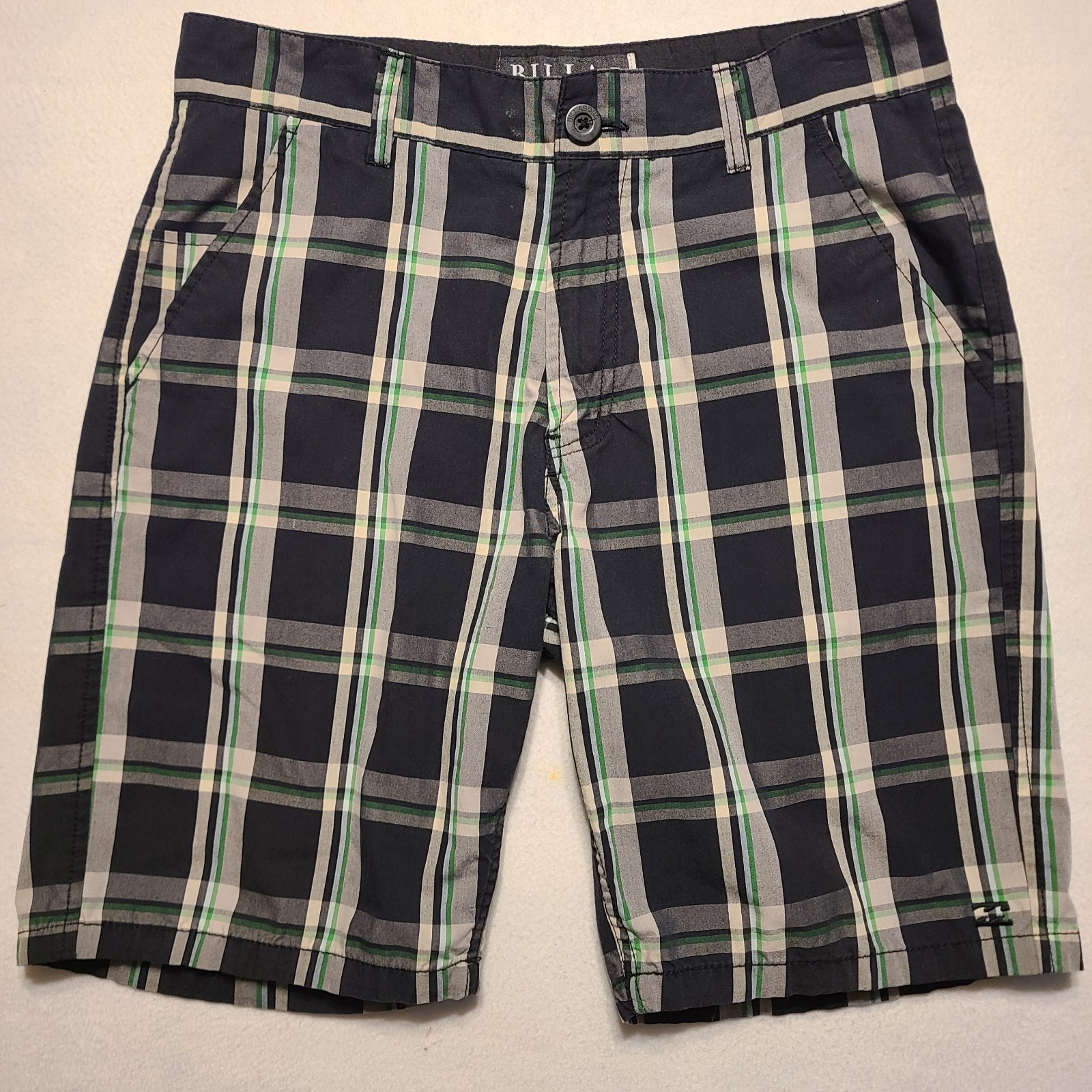 Billabong Plaid Baggy Short Mens 33 Black Gray Green Casual Flat Front Skate Y2K