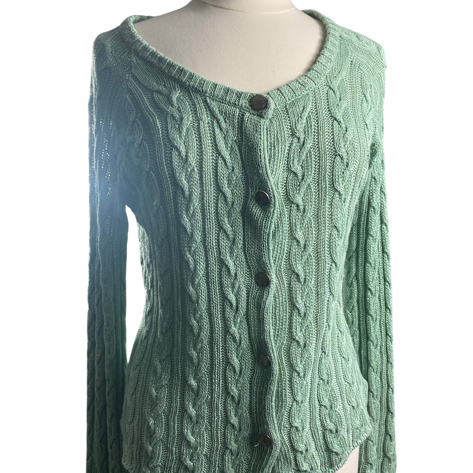 K&US Stockholm Cardigan Women M Green Cottagecore 100% Linen