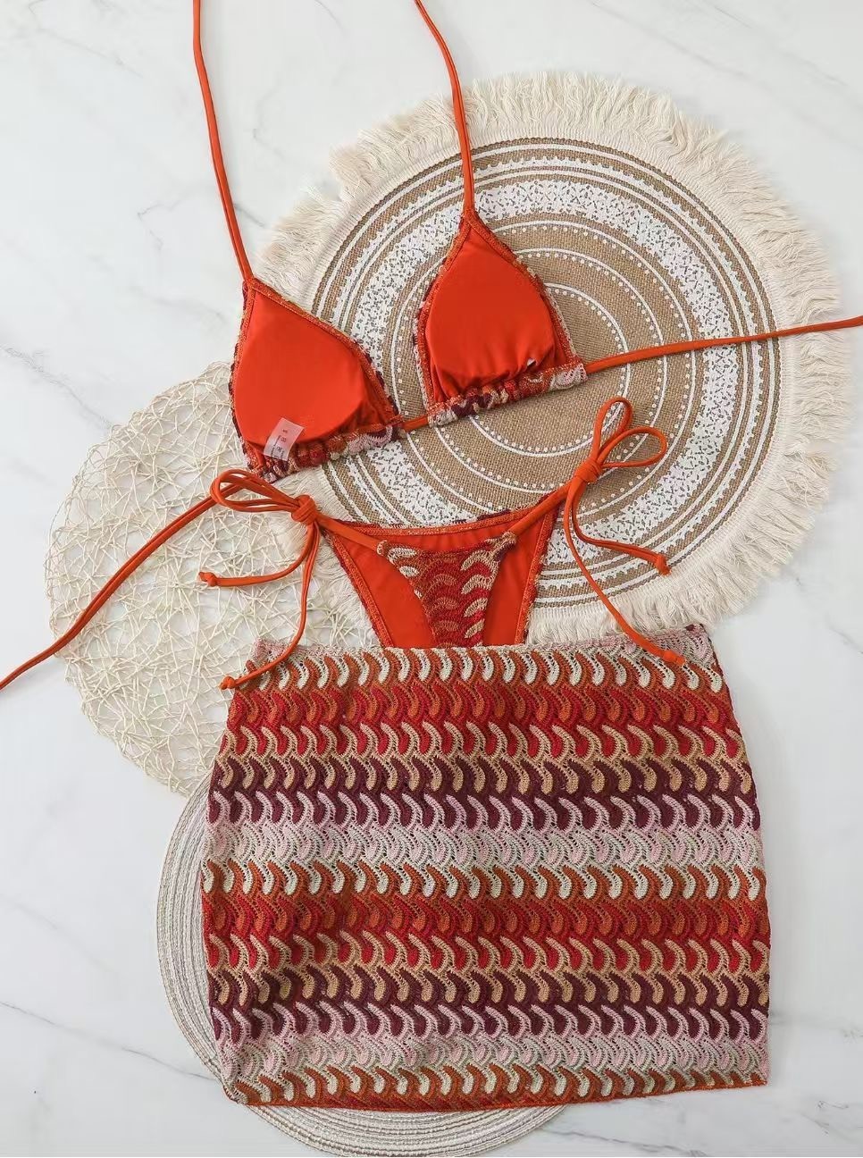 3Piece Wave Print Halter Bikini Set With Drawstring Cover Up Skirt WomenSwimsuit