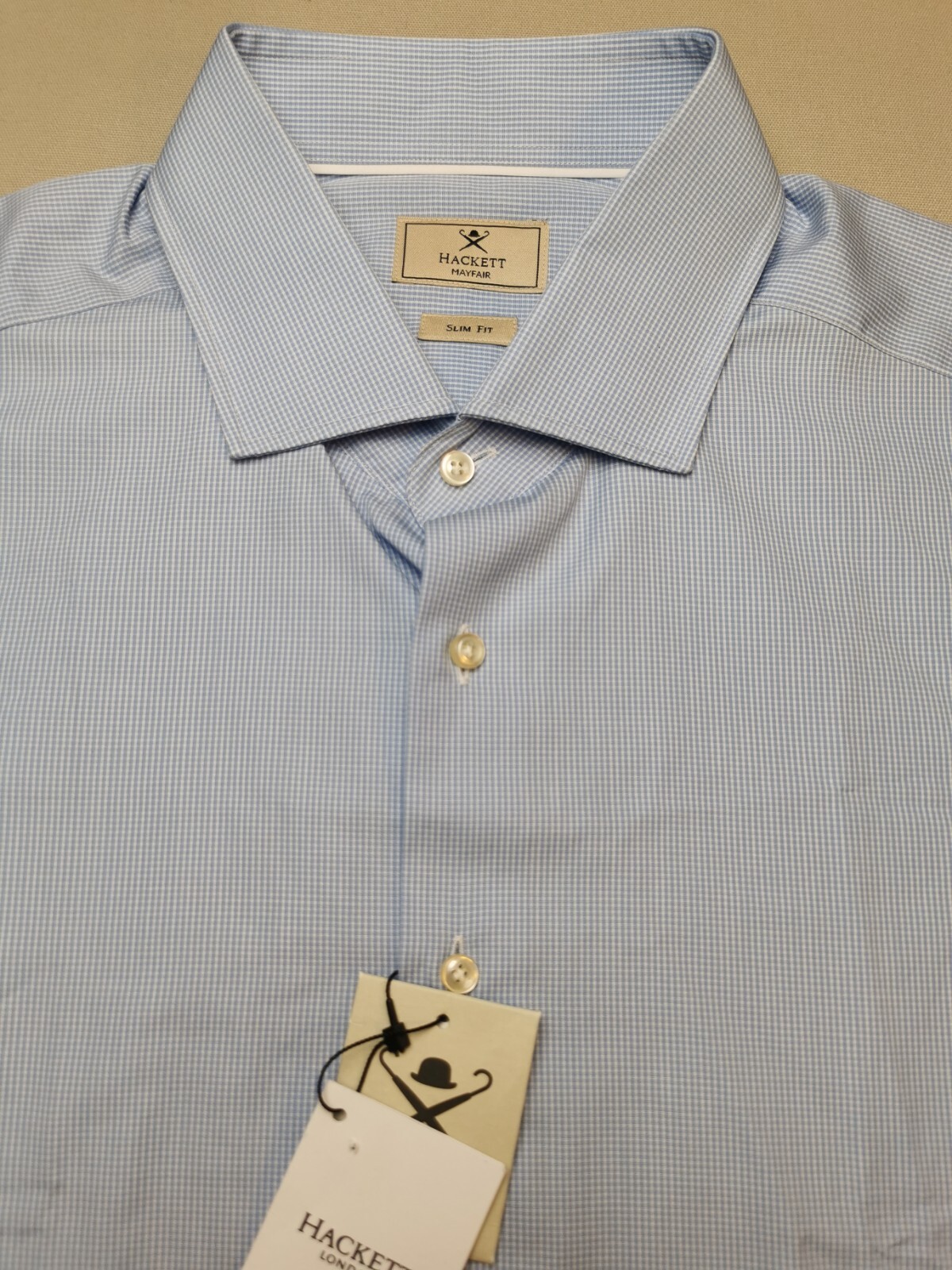 HACKETT MAYFAIR Mens UK 18 Slim Fit Mini Gingham French Cuff Shirt BNWT Sky Blue
