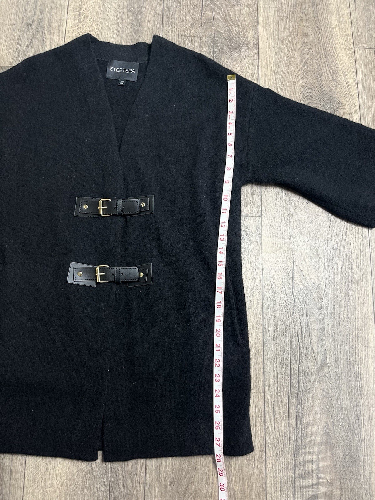 ETCETERA Black 100% Wool Cardigan Leather Buckle & Snap Closure Oversized XS