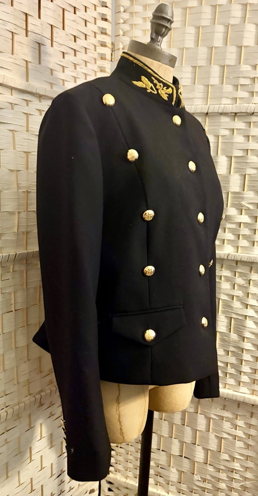 Vintage Ralph Lauren 100% Wool Military Peplum Gold Embossed Buttons, Embroidery