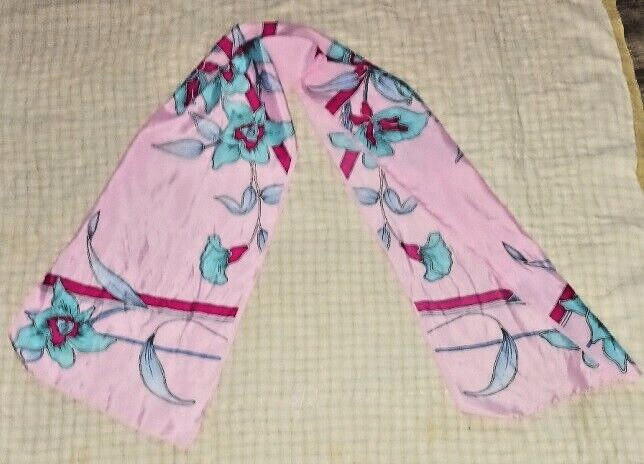 Vintage Florid polyester pink blue white rectangle scarf 54 x 7 inch