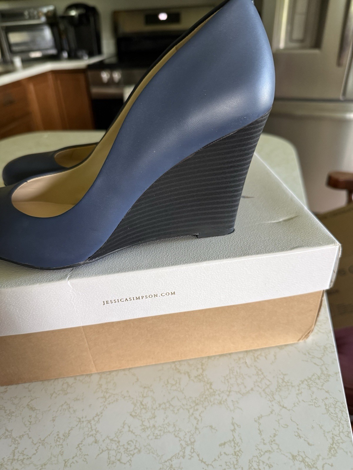 Jessica Simpson Women’s Blue Leather Wedge Pump Heels Round Toe Slip On 9M