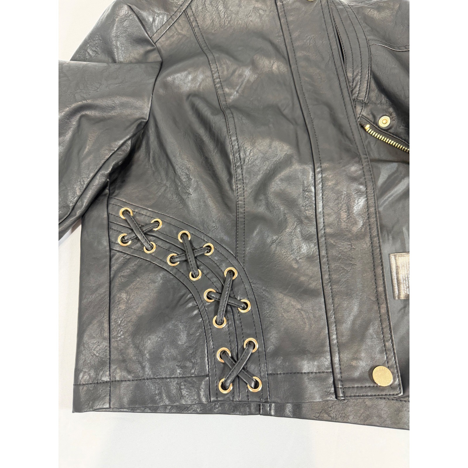 GUESS Ciena STC Moto PU Jacket Jet Black Lace Up Faux Leather R5RL61WGKP0 Size S