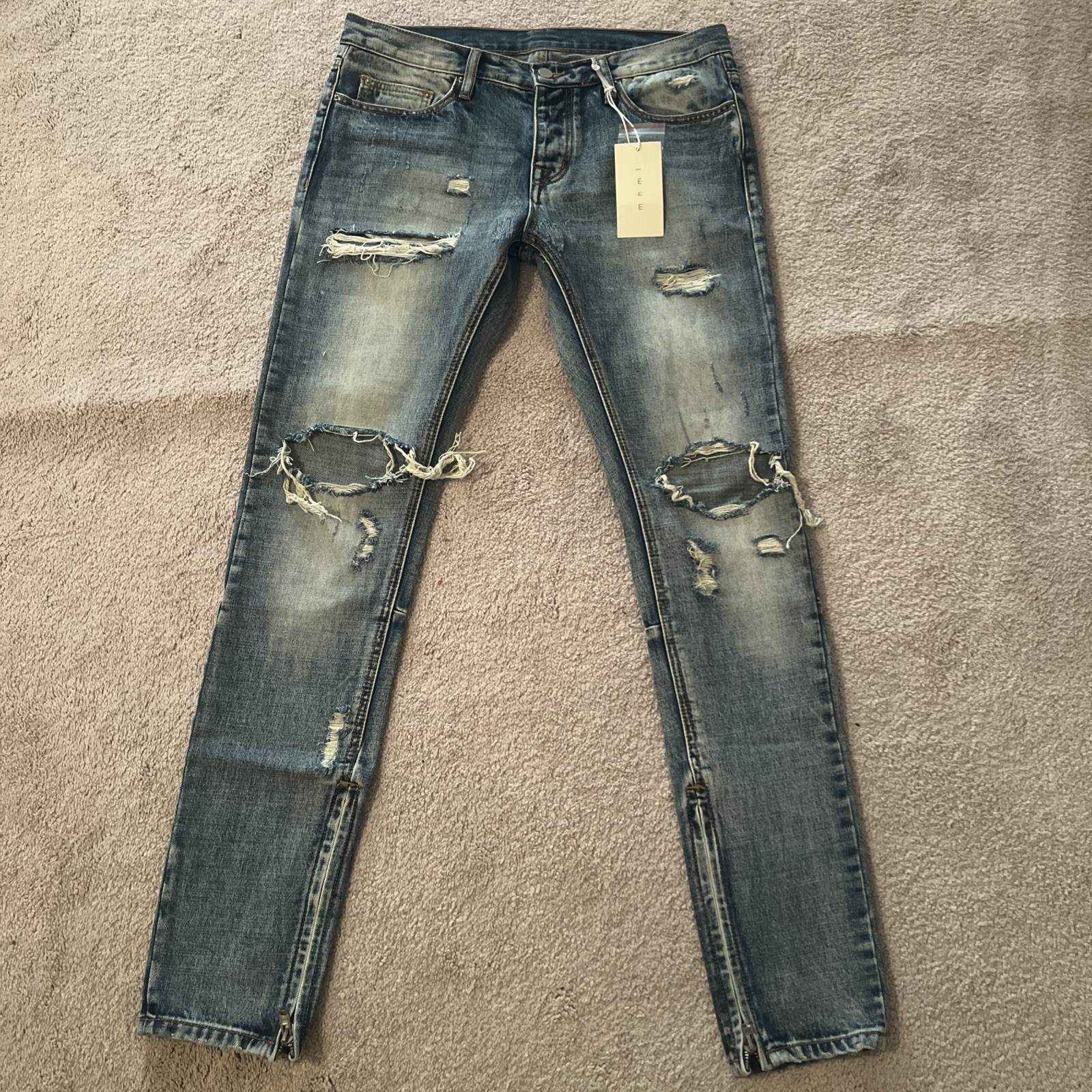 MNML M1 Skinny Denim Jeans Men Size 32 Blue Distressed Ankle Zip Cotton