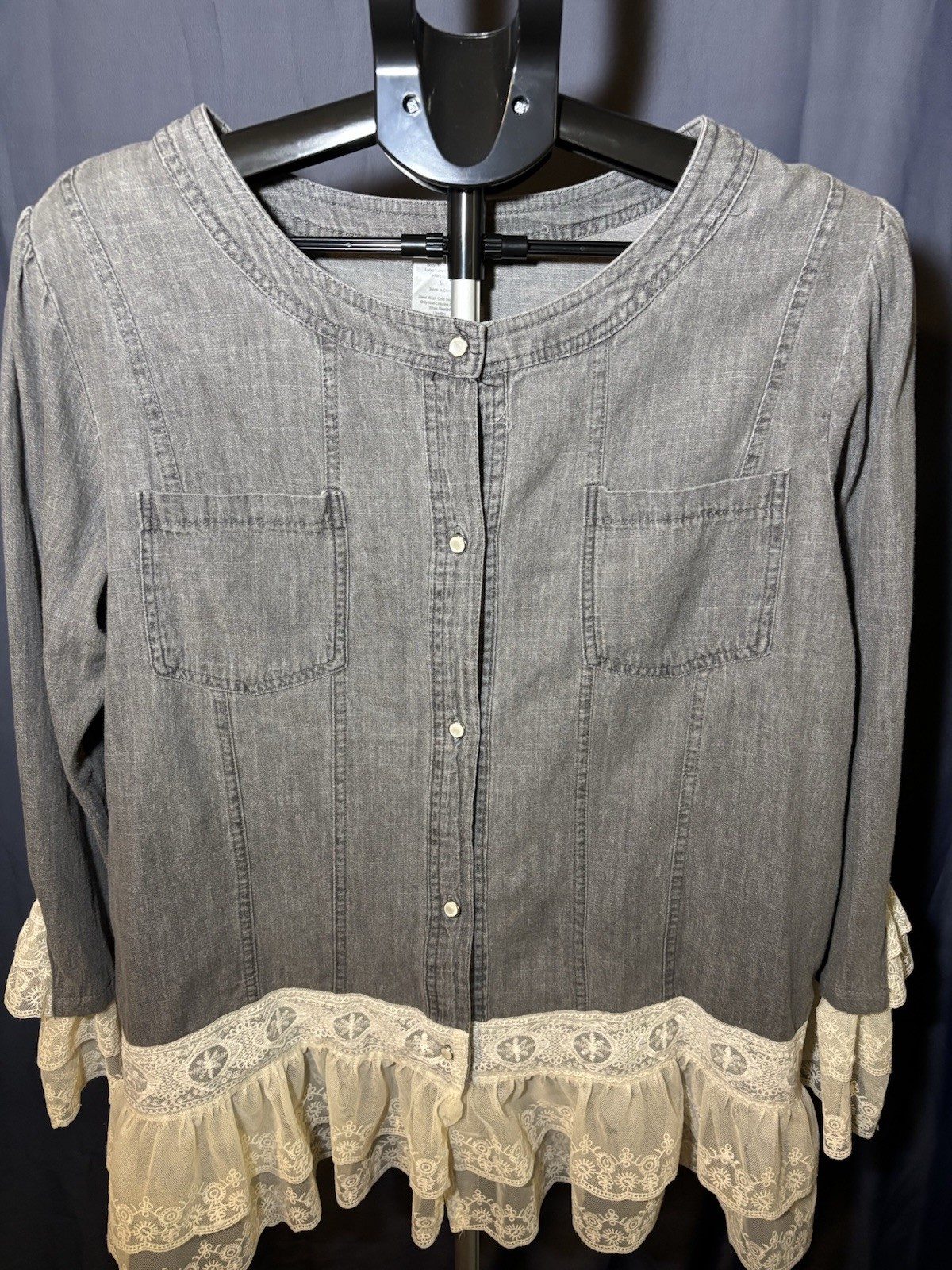 Gray Denim Lace Jacket With Scalloped Lace On Bottom Of Sleeves. Size M