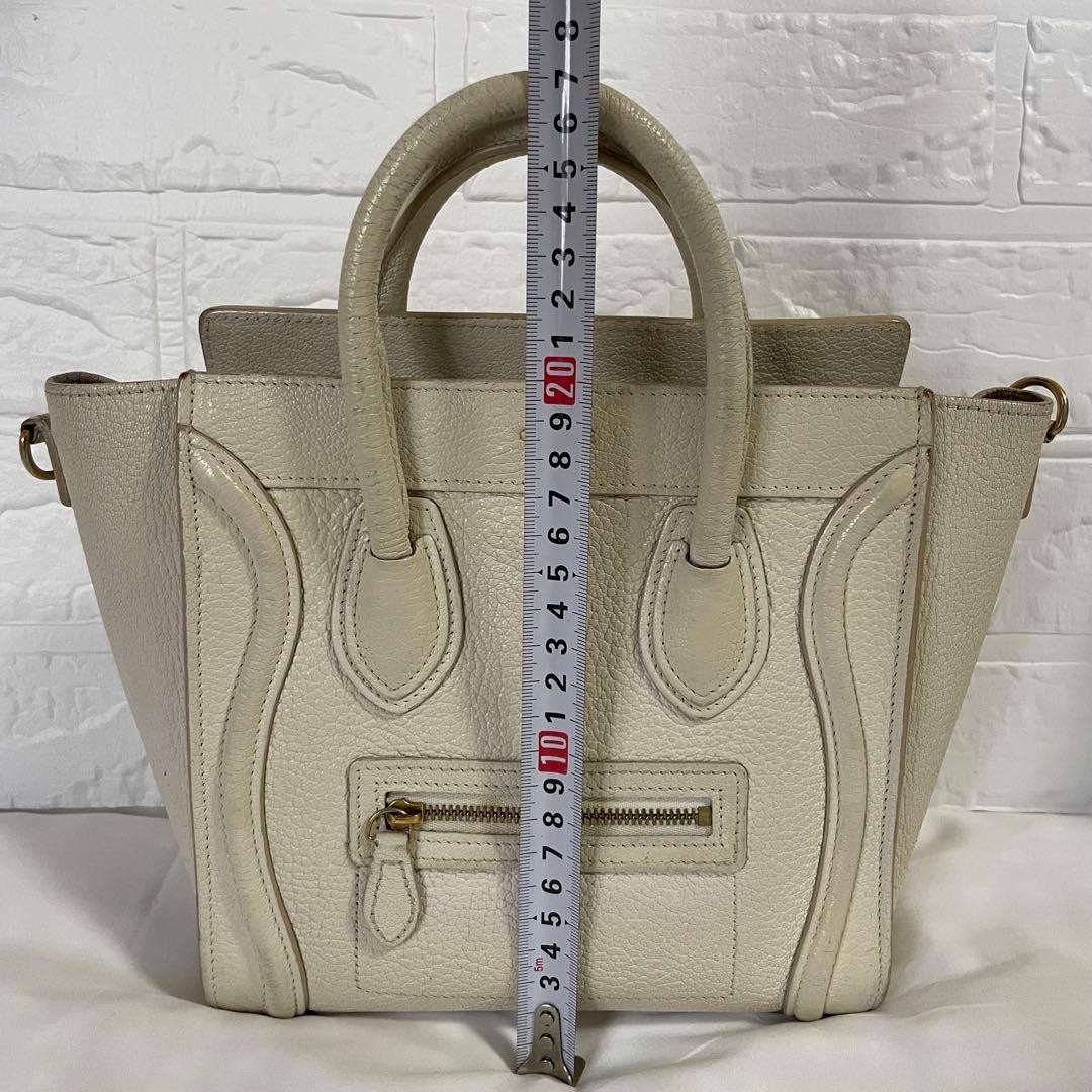 Celine Luggage Nano Shopper Handbag Drummed Calfskin White 7.87 With Strap