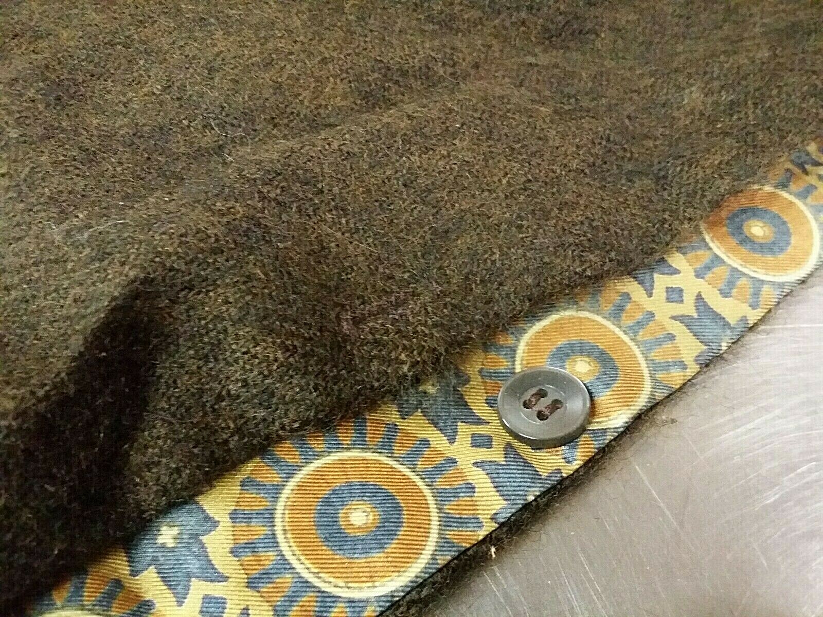 Vintage Reversible Scarf with Buttons, 100% Zephyr Wool & Silk, Brown Blue Tan