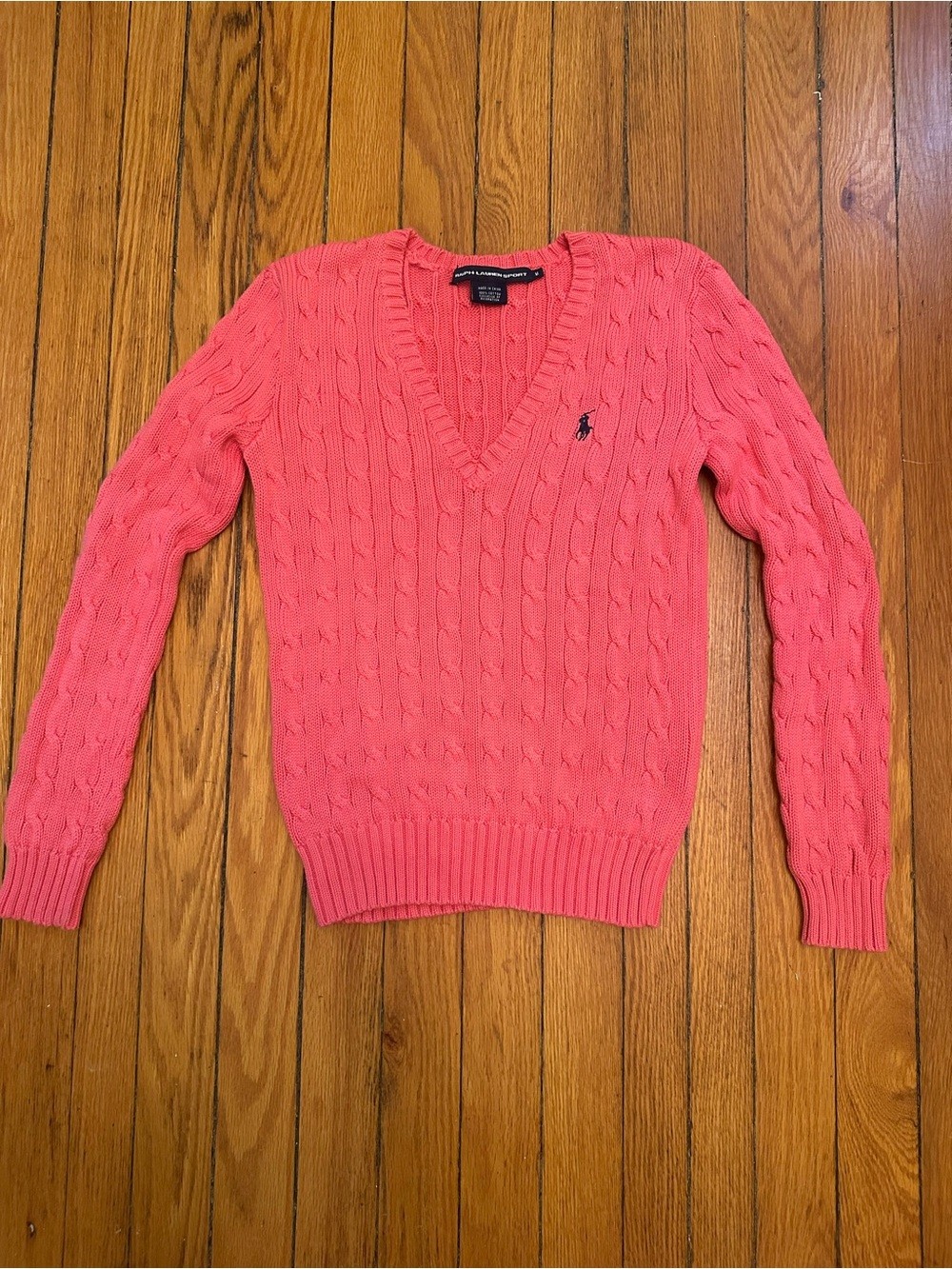 Ralph Lauren Coral Cable-Knit V-Neck Sweater Size M