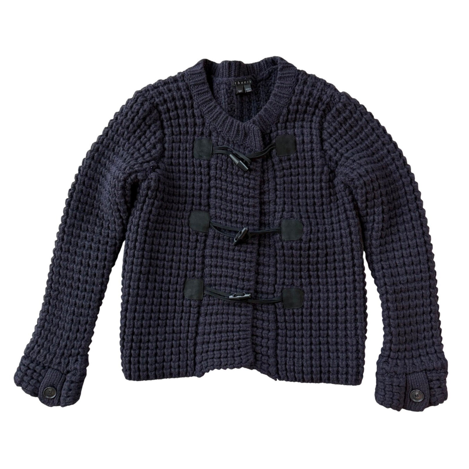 Theory Navy Wool Cashmere Chunky Waffle Knit Toggle Cardigan Women’s S/P