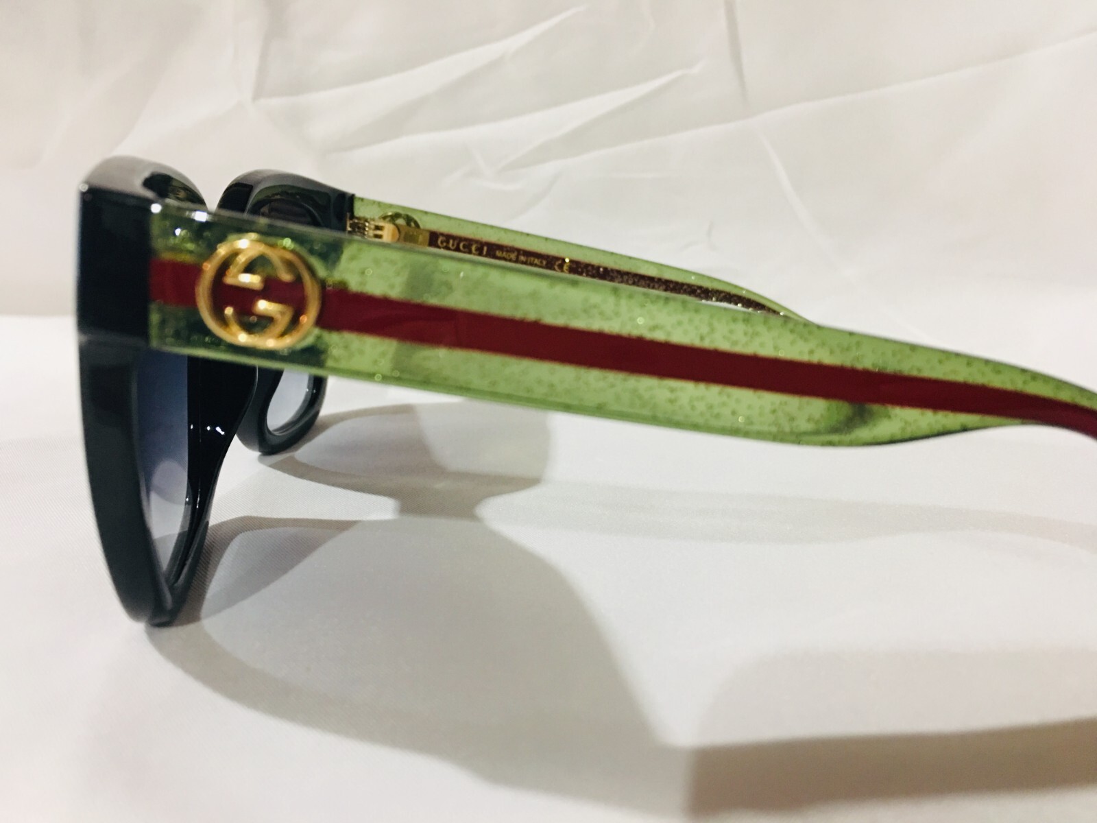Authentic New Gucci GG0034SN 002 Black Green Red Stripe Grey Sunglasses