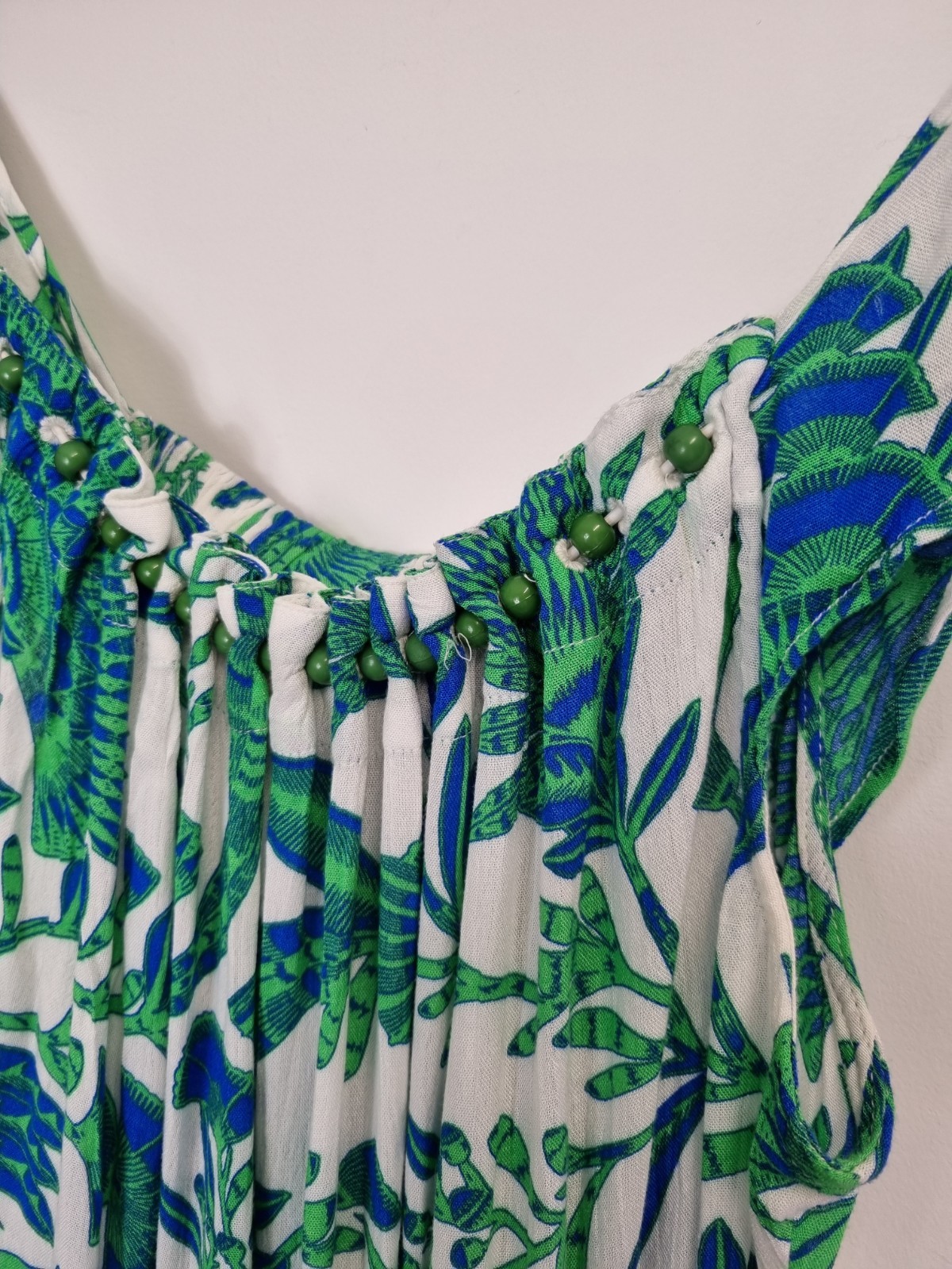 Accessorize 12-14 (M) White Blue Green Fan Print Beaded Tiered Summer Dress