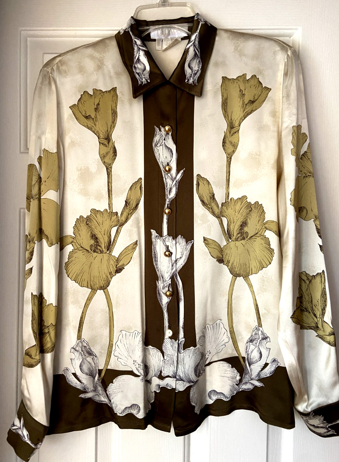 ESCADA VINTAGE SILK BLOUSE IN SHADES OF GREEN IRIS LARGE PRINT 38RUNS 10-12