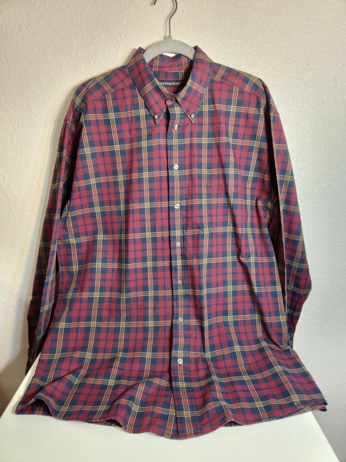 Hathaway Mens XL Plaid Long Sleeve Button Down Shirt 100% Cotton Red Fast Ship