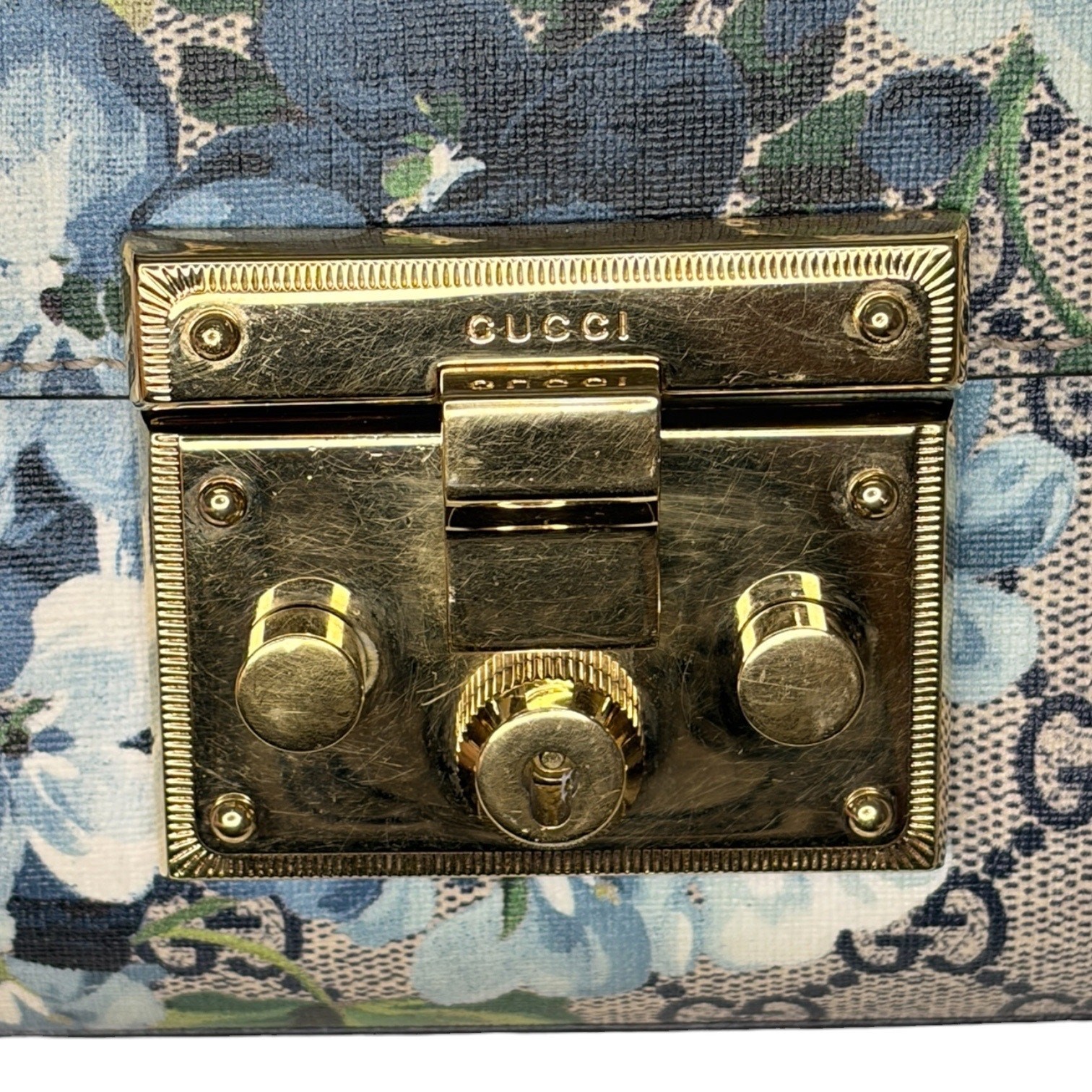 Gucci Small Padlock GG Blooms Shoulder Bag Blue Floral Red Leather Gold Chain