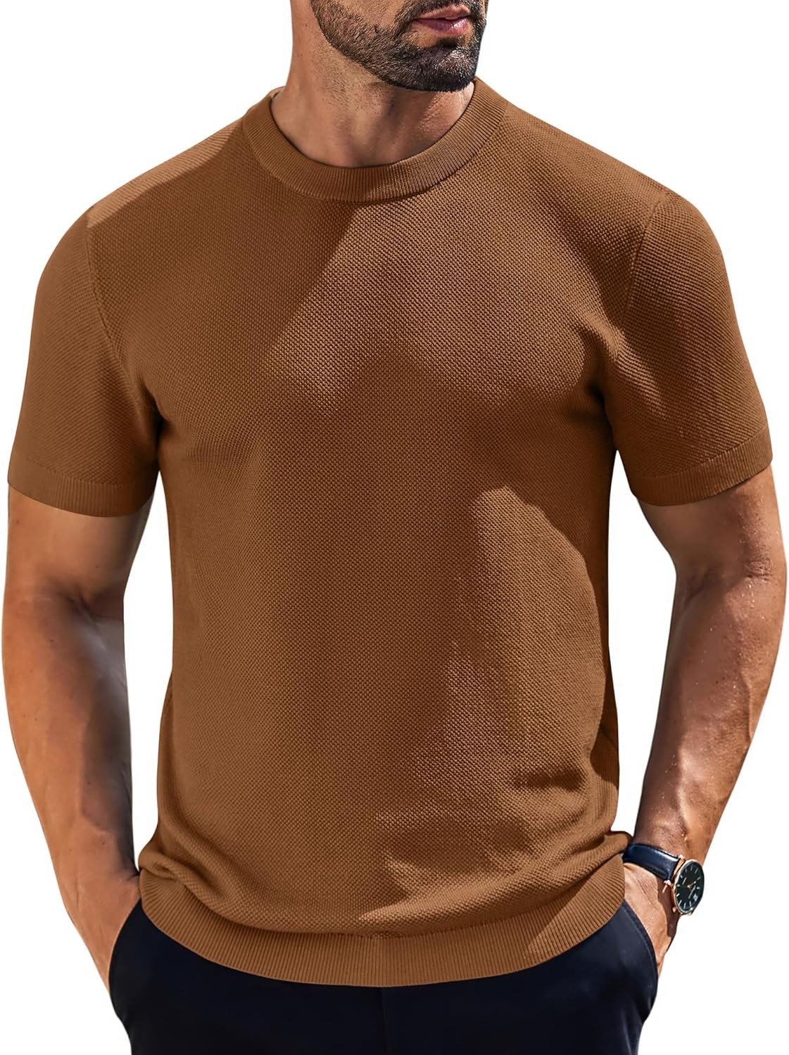 Coofandy T Shirt Casual Solid Mens Knit TShirts Short Sleeve Crewneck Textured