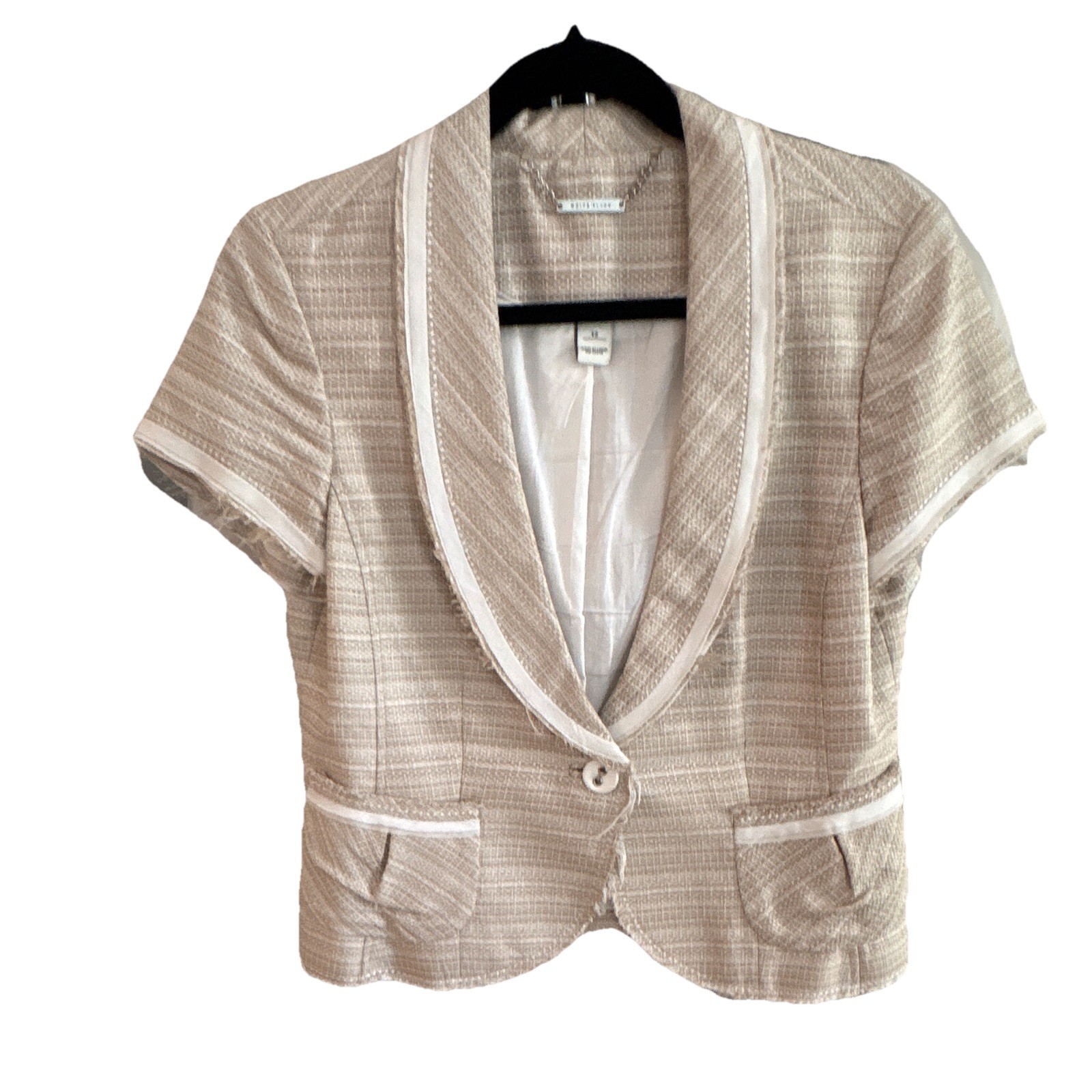 Black & White Women’s Beige/White Stripe Jacket Button Lined Short Sleeve 12