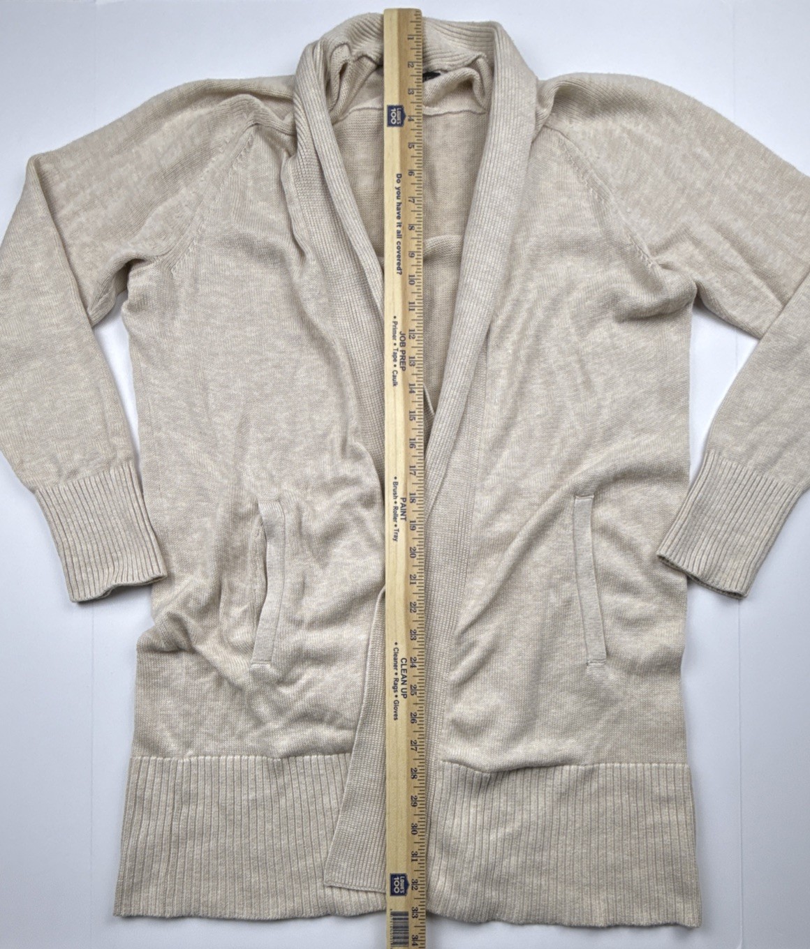Banana Republic Long Open Front Knit Sweater Cardigan Ivory Pockets Model Cotton