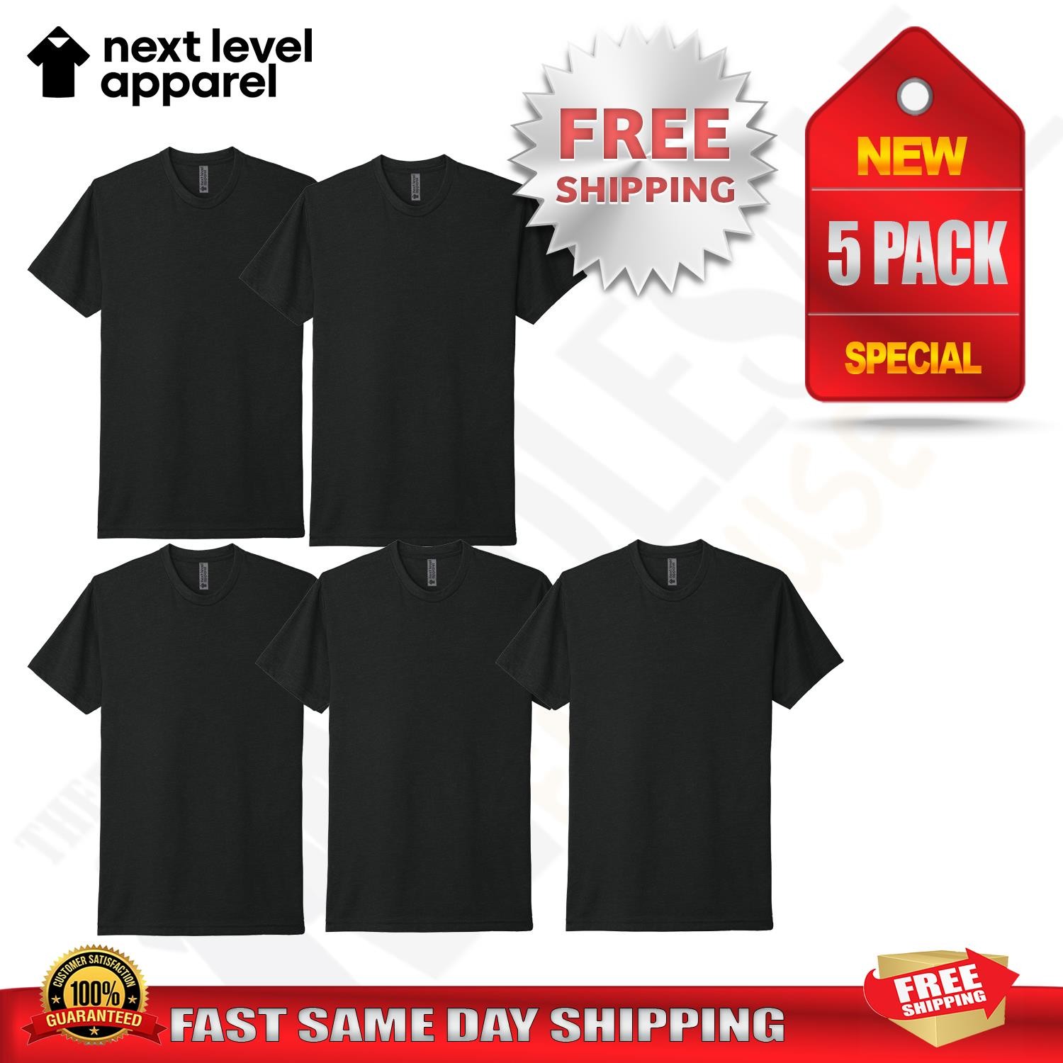 5 PACK OF NEXT LEVEL PLAIN Mens Black T Shirt Blank Cotton T-Shirt 3600 S-2XL