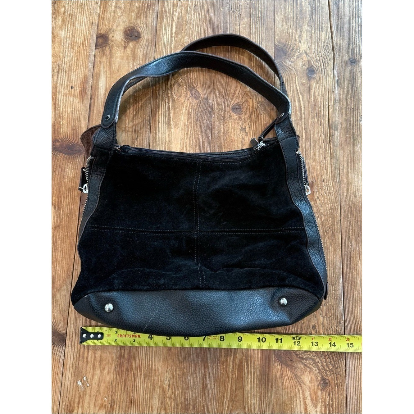 Tignanello Y2K Black Brown Zipper Suede Leather Hobo Womens Shoulder Handbag EUC