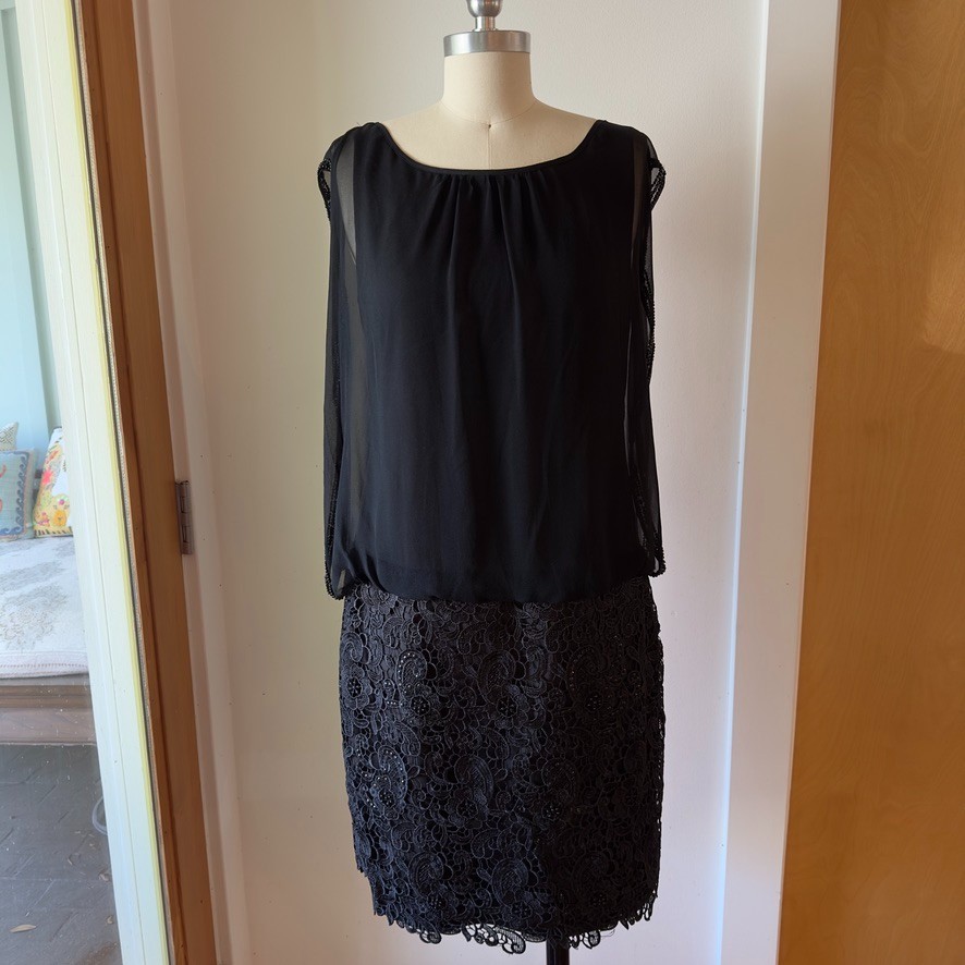 AIDAN MATTOX 100% SILK Chiffon Floral Lace Blouson Cocktail Mini Dress-Black-6