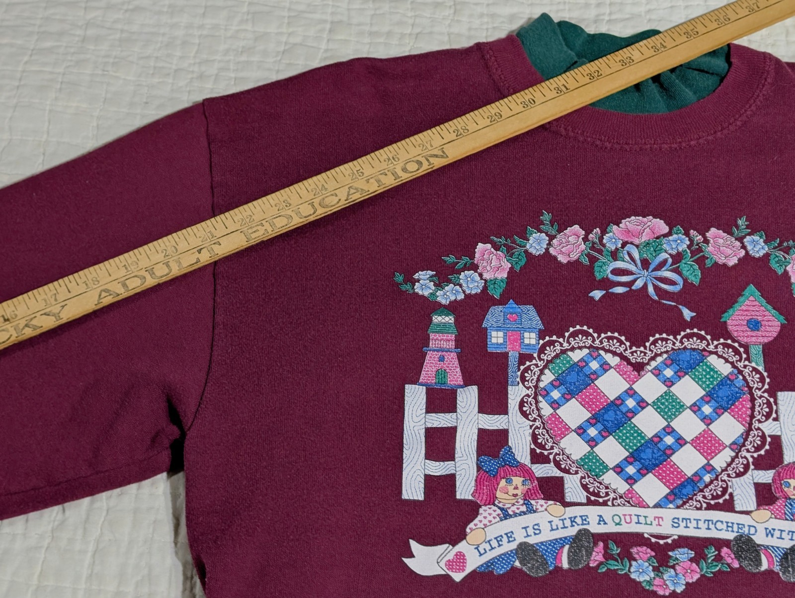 Vintage Sweatshirt Endless Designs Sz Large Quilt Heart Love Bird House Plum