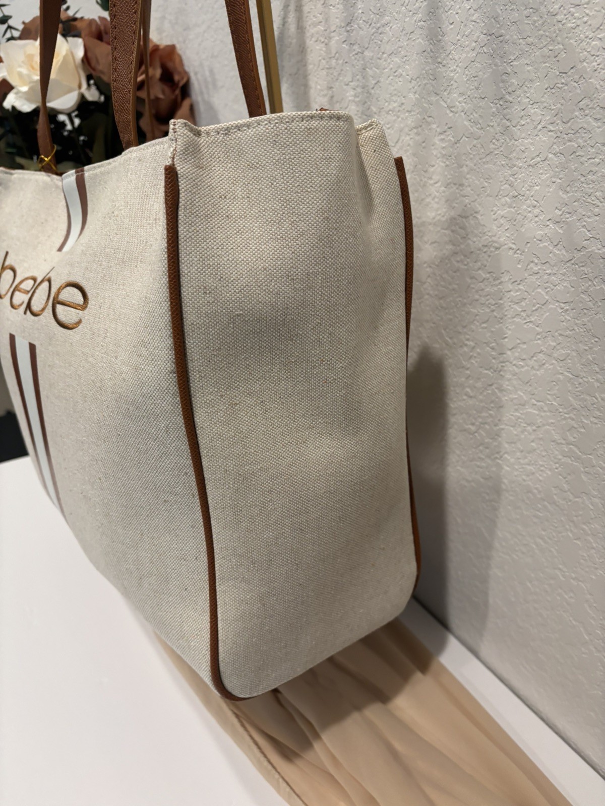 Bebe Paisley Canvas Tote Bag Caramel Stripe Large Shoulder Tote NWT MSRP $139
