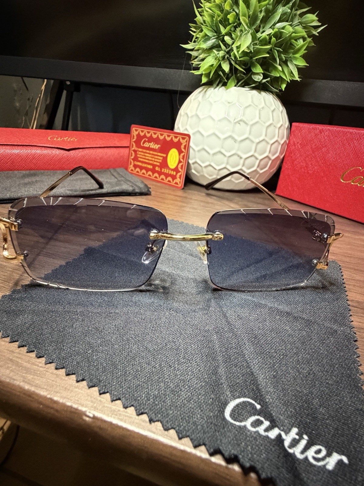 Cartier Big C Diamond Cut Frameless BLUE Lens Gold Frame
