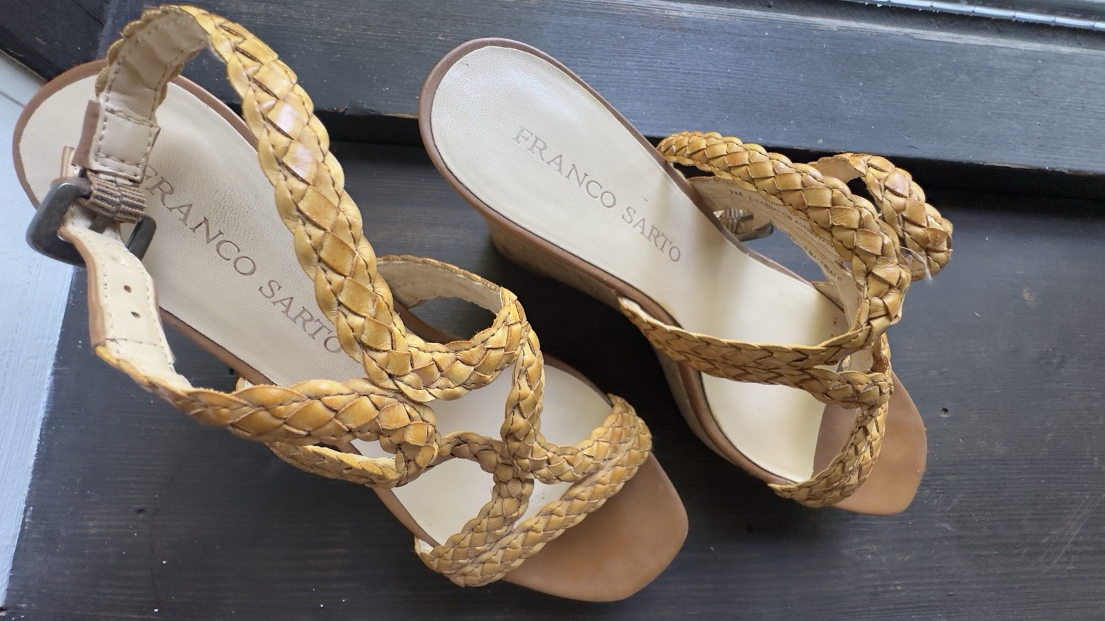 Franco Sarto cork Women’s Braided Strappy Wedge Sandals Buckle Tan/Beige 7