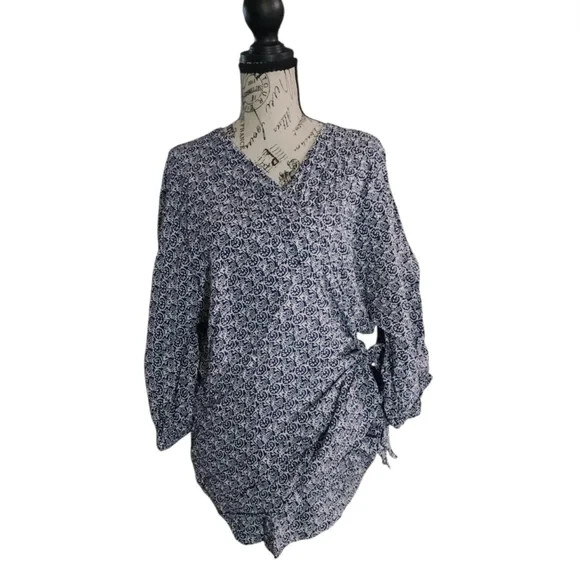 Talbots Plus Blue White Paisley Faux Wrap Blouse Size 1X