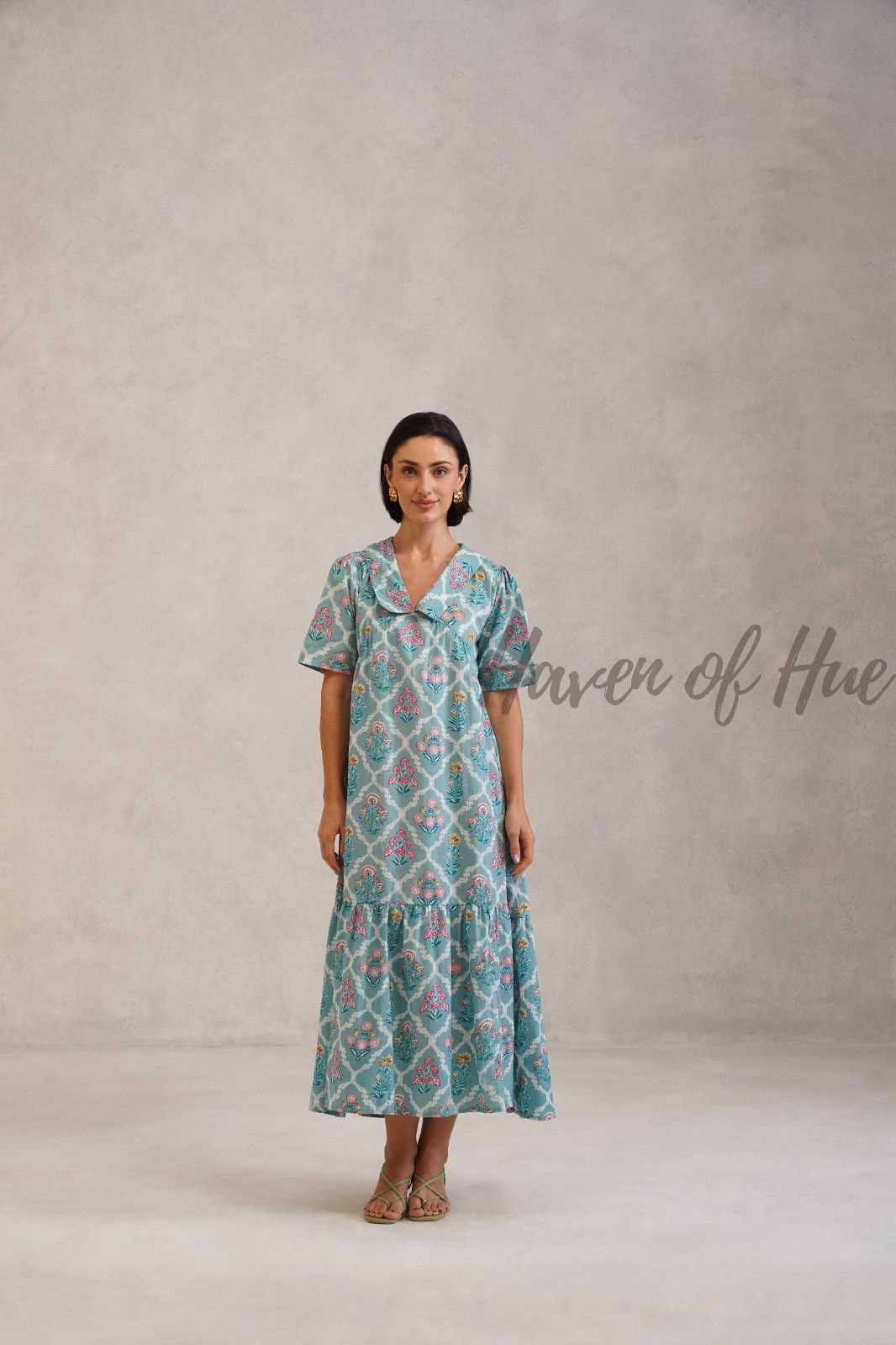Pastel Multi Tiered Cotton A-Line Dress with Flat Vintage Collar