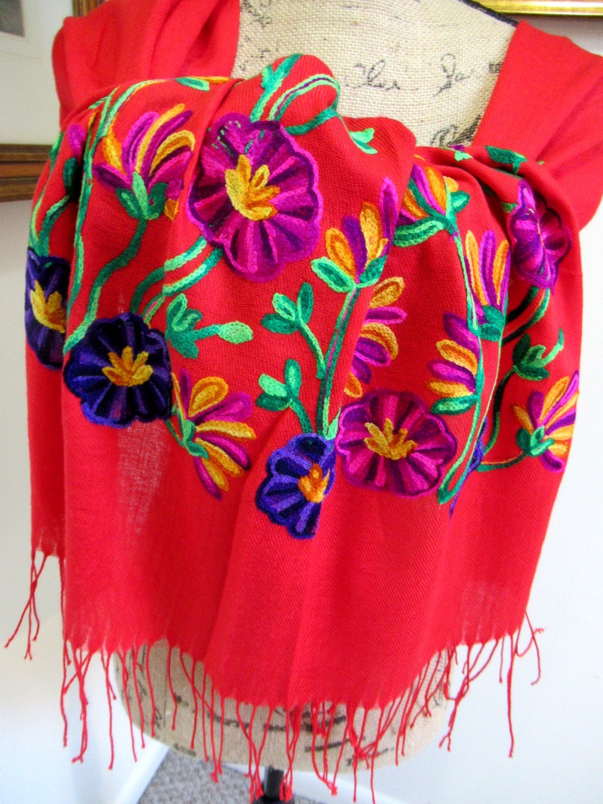MEXICAN EMBROIDERED SOFT FRINGED SHAWL REBOZO WRAP 76 X 28 – MADE in MEXICO