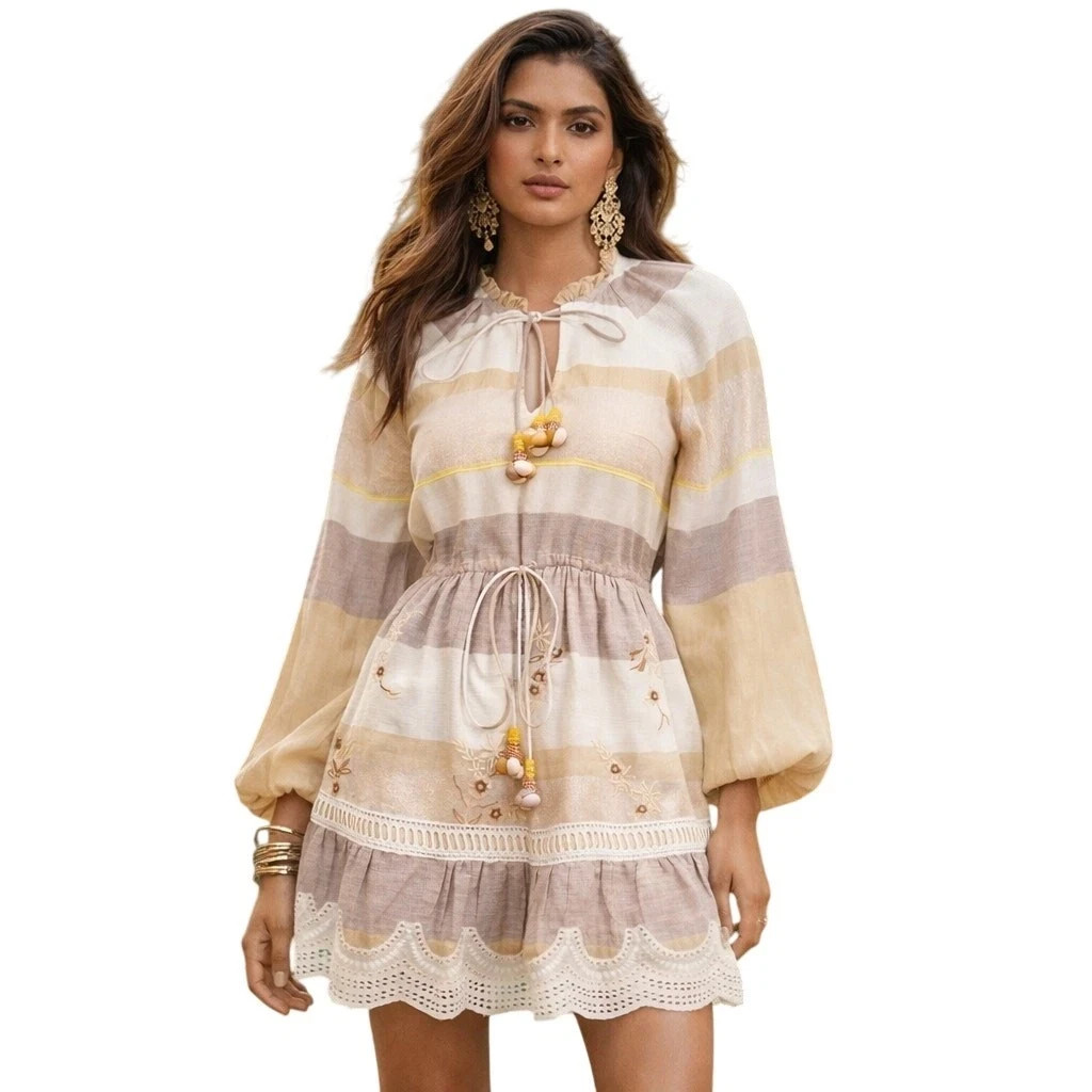 Hemant & Nandita Mana Dress Medium Ivory Embroider Tassel Metallic Peasant Boho