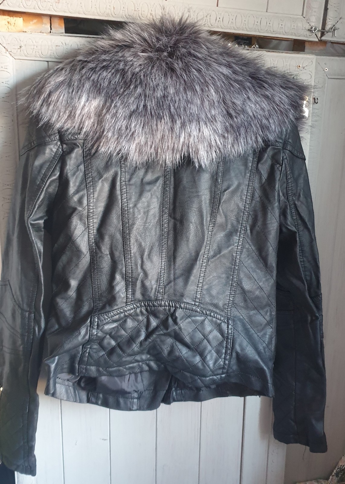 Flamant Rose Black Faux Leather Bomber Biker Jacket Sz S Grey Faux Fur Collar