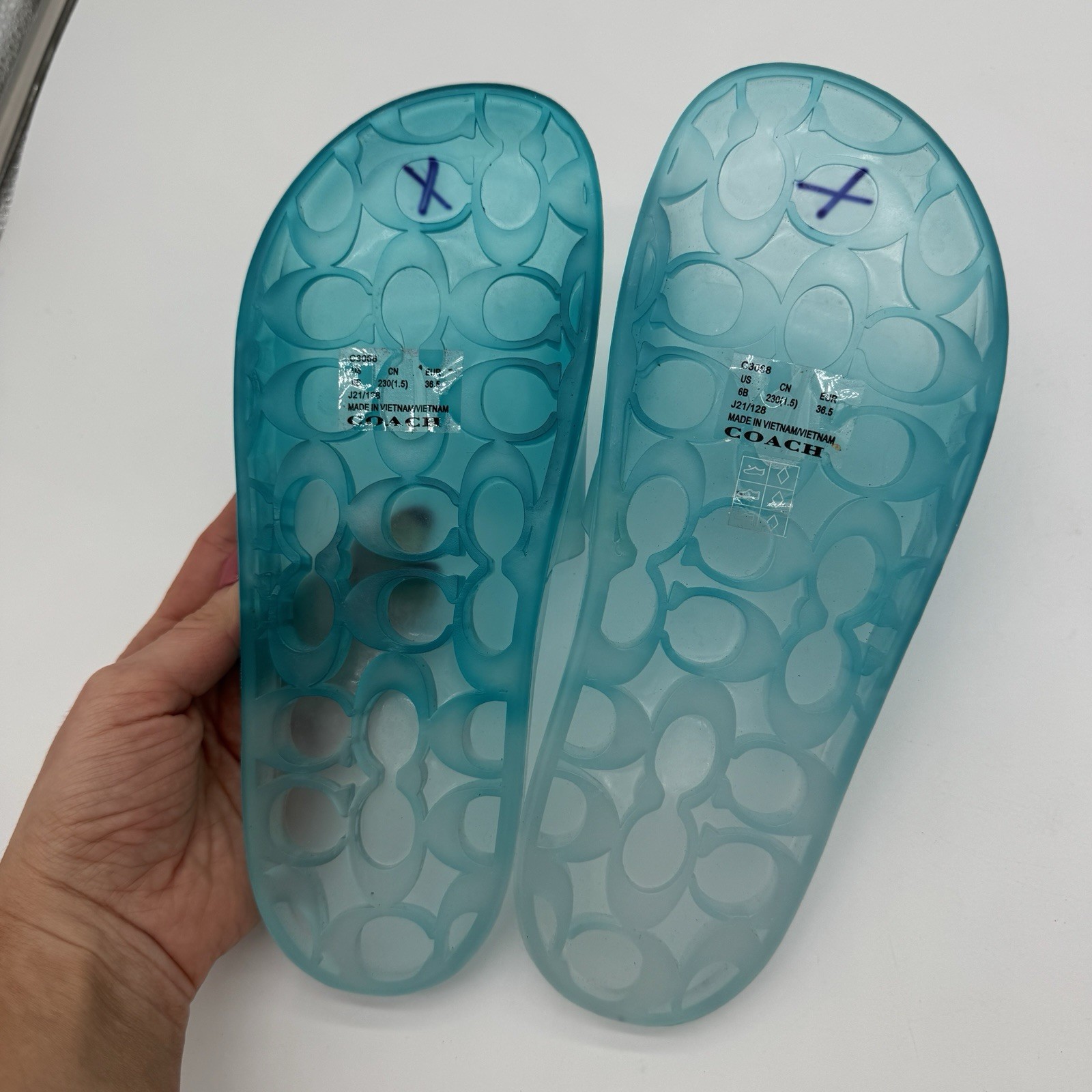 Coach Ulyssa Rubber Jelly Slide Sandals Sea Mist Blue Size 6B New Flaw C3068