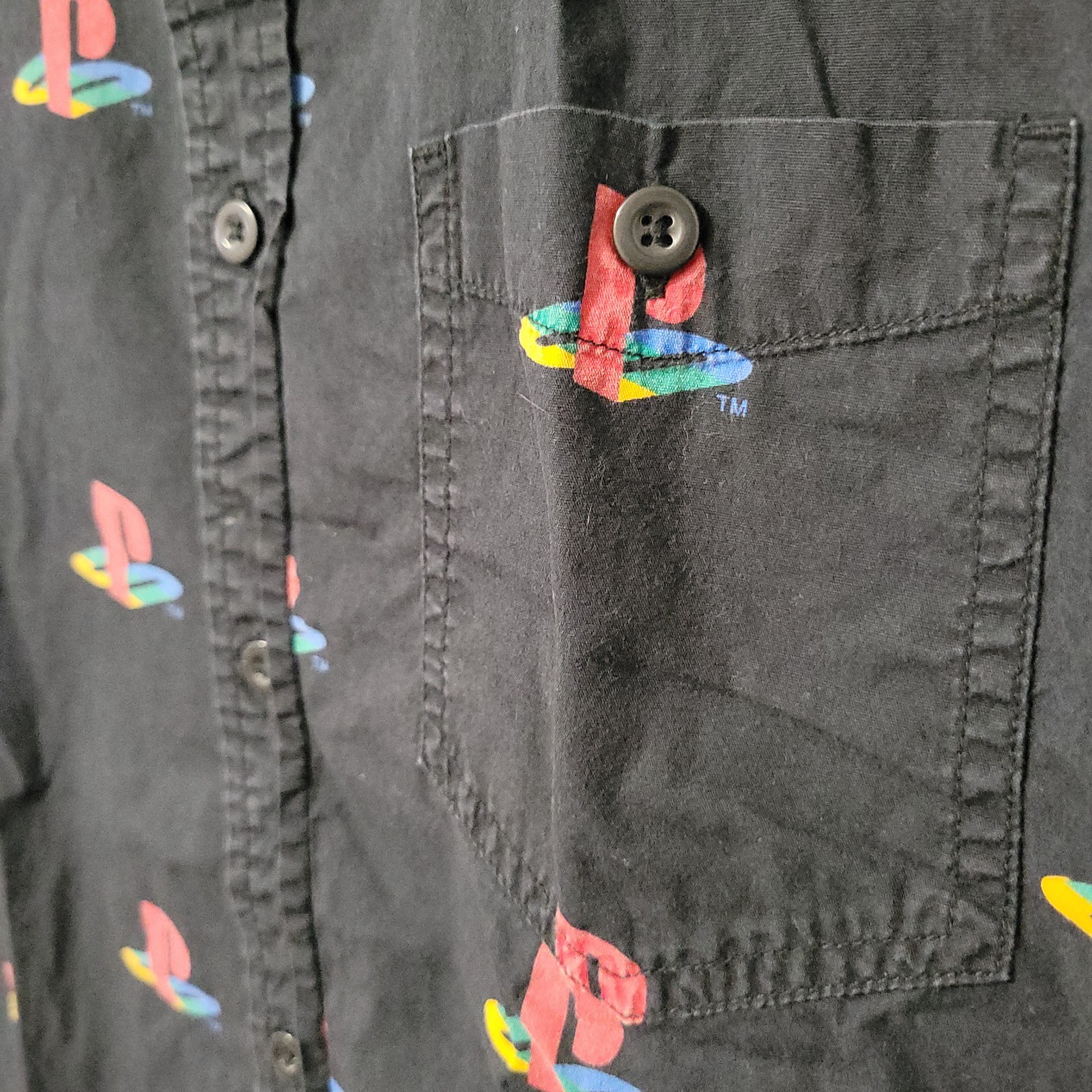 Sony Playstation Logo All Over Print Button Up Shirt Men XL Black Short Sleeve