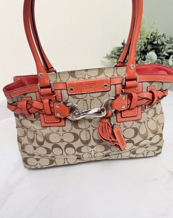 Coach Signature Logo Satchel/Top Handle Bag Beige/Brown/Orange Lining