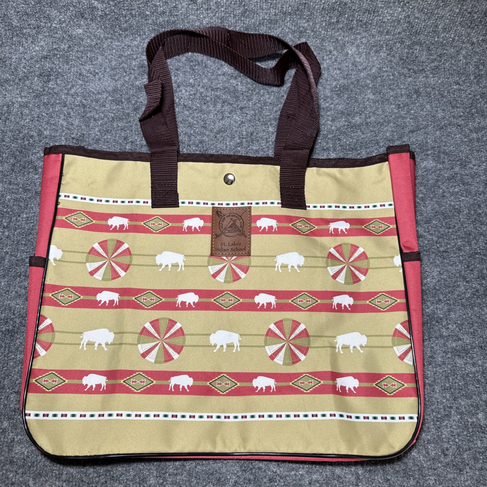 St Labre Indian School Aztec Bison Lunch Tote Bag Red Beige Native American