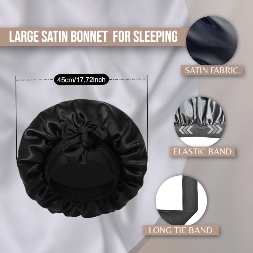 Satin Bonnets for Braids Silk Bonnet for Long Hair Covers Women XL Large Black