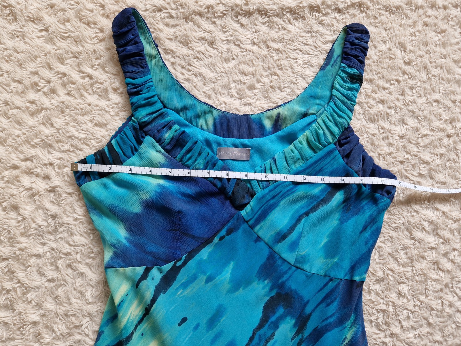 Per Una Blue Aqua Watercolour Midi Dress UK 12 Floaty Fit & Flare Occasion
