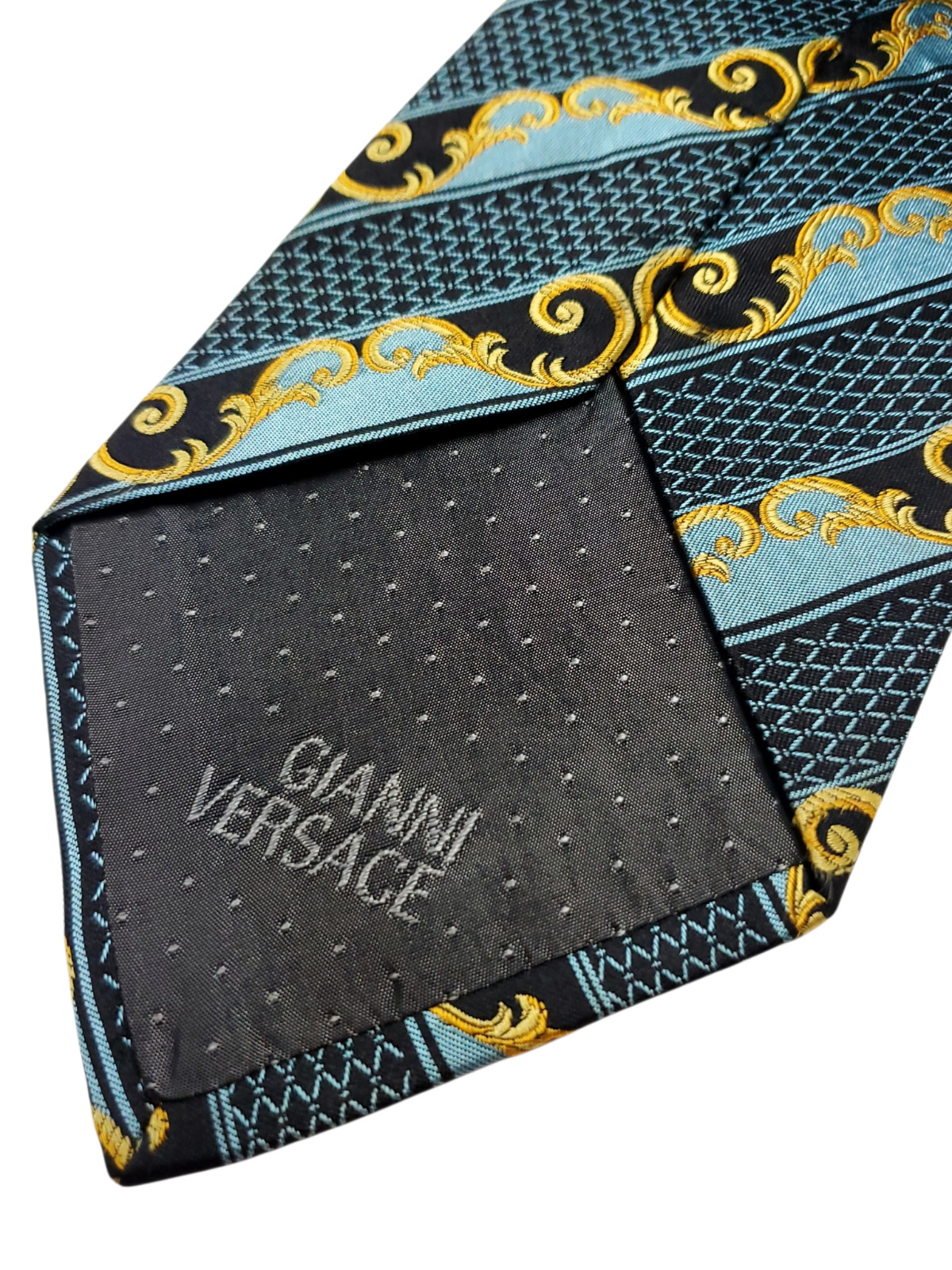 Gianni Versace Vintage made in ITALY 100% Silk Tie Mens Teal Blue Black Gold NEW