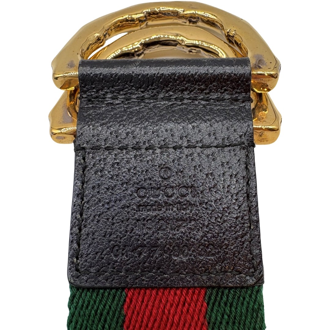 Auth GUCCI Banboo Buckle Web Stripe 80/32 Belt 132173 Green Canvas #36638429