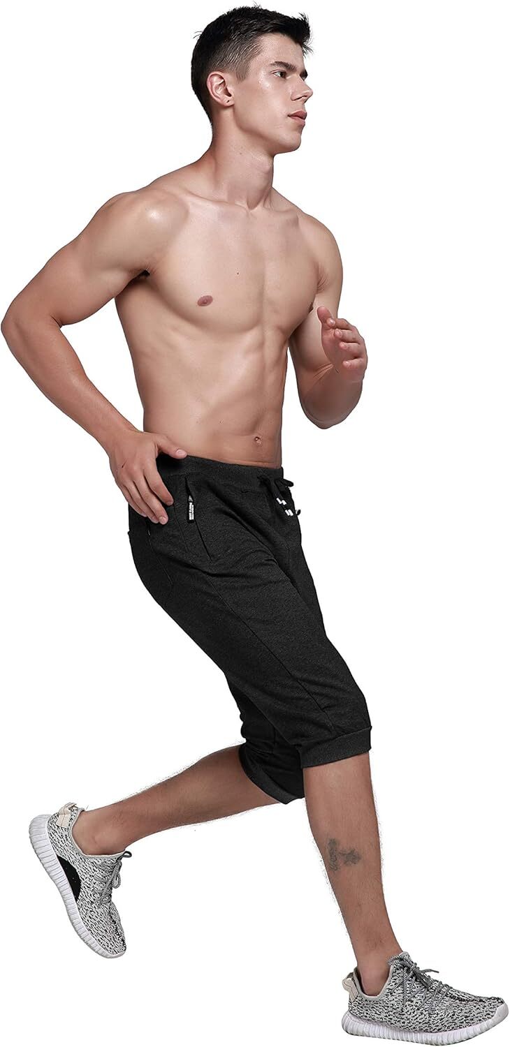 Men’s Cotton Casual 3/4 Jogger Running Capri Pants Below Knee 30, 01 Black